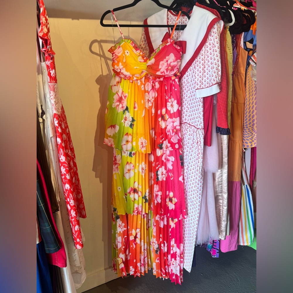 NWT Tropical Floral Tiered Maxi Dress in Bright Pink Orange Yellow Green